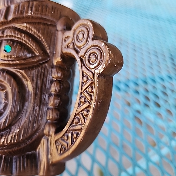 Vtg Hawaiian Tiki Mugs Set Of 5 Quon-Quon Japan Brown Ceramic Green Gem Eyes - Picture 11 of 12